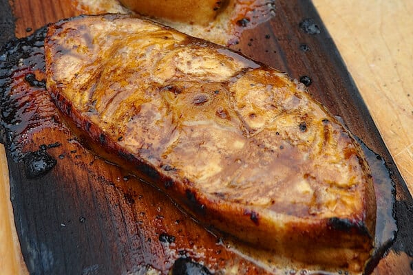 Cedar Plank Halibut with Charred Tomato Avocado Salsa