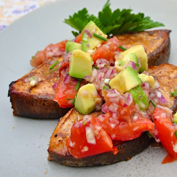 Cedar Plank Halibut with Charred Tomato Avocado Salsa