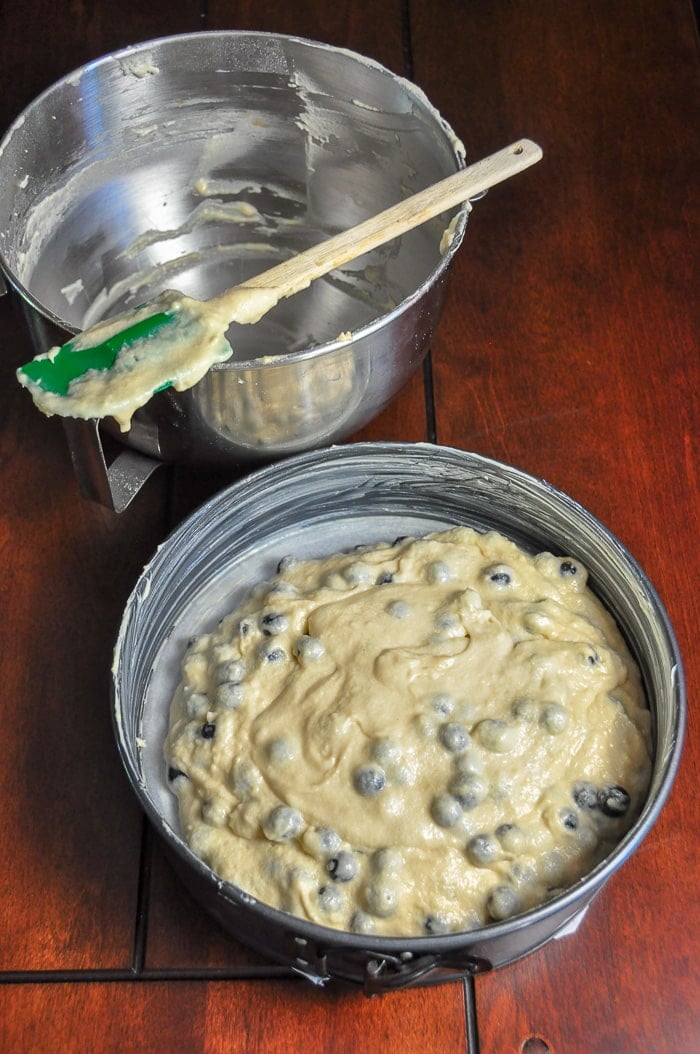 Blueberry Buckle batter being poured in the springform pan.