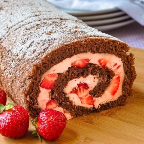 Strawberry Buttercream Chocolate Roll closeup photo of one end of the finished roll