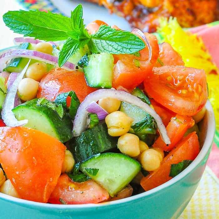 Close up photo of Tomato Cucumber Salad with Chickpeas & Mint