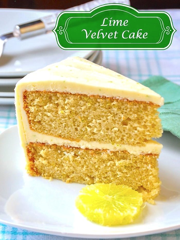 Lime Velvet Cake photo with title text added for Pinterest