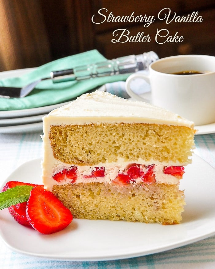 Strawberry Vanilla Butter Cake photo of a single slice with title text added for Pinterest