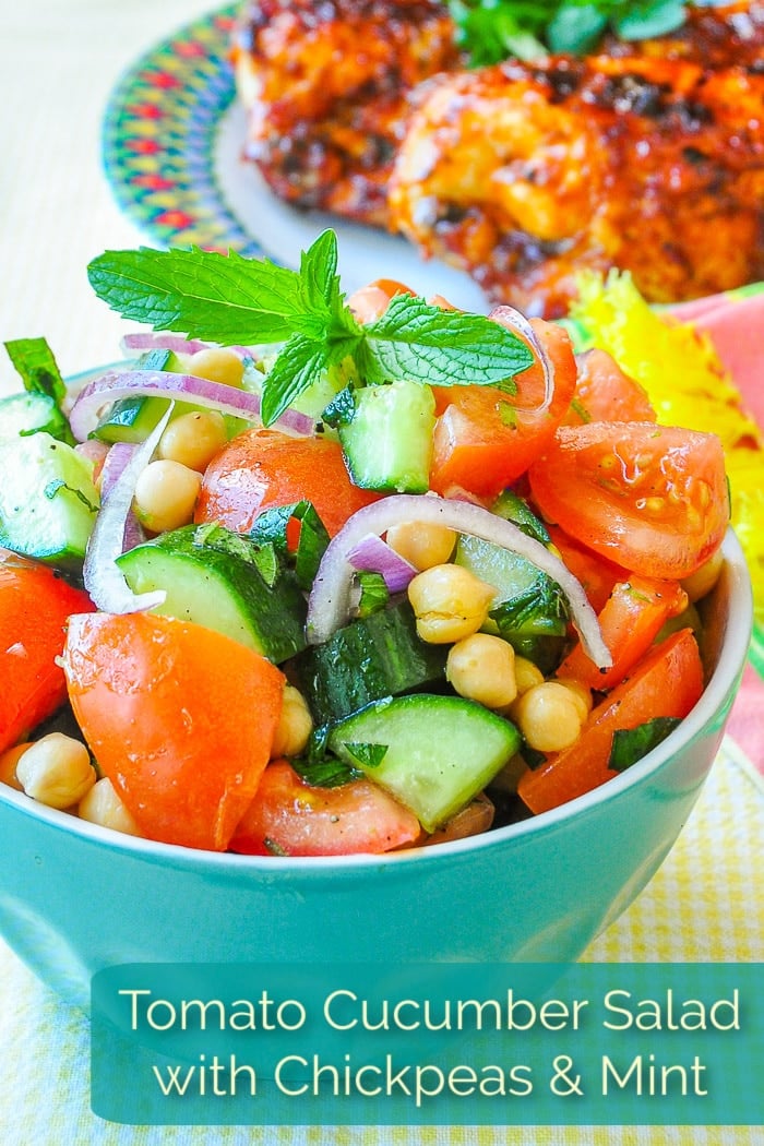 Tomato Cucumber Salad with Chickpeas & Mint photo with title text added for Pinterest