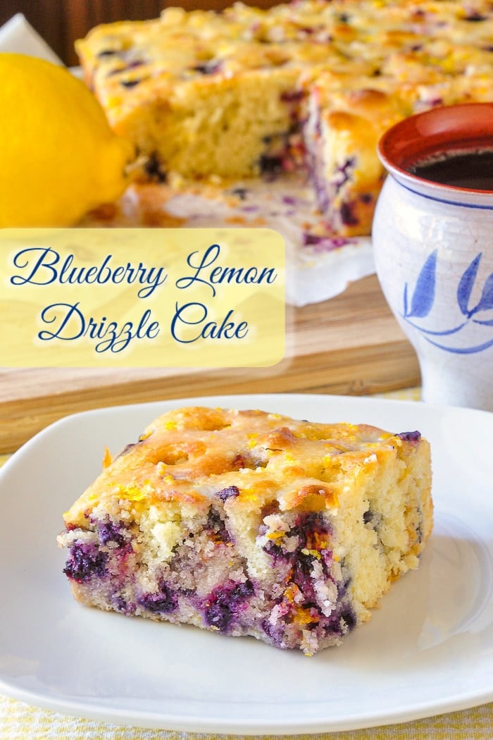 Blueberry Lemon Drizzle Cake photo of single slice with title text added for Pinterest