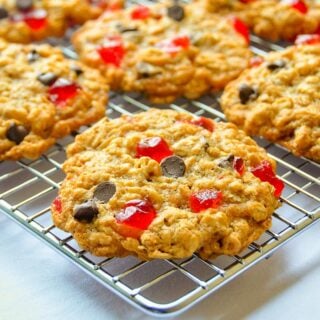 Chocolate Cherry Oatmeal Cookies cooling on a wire rack