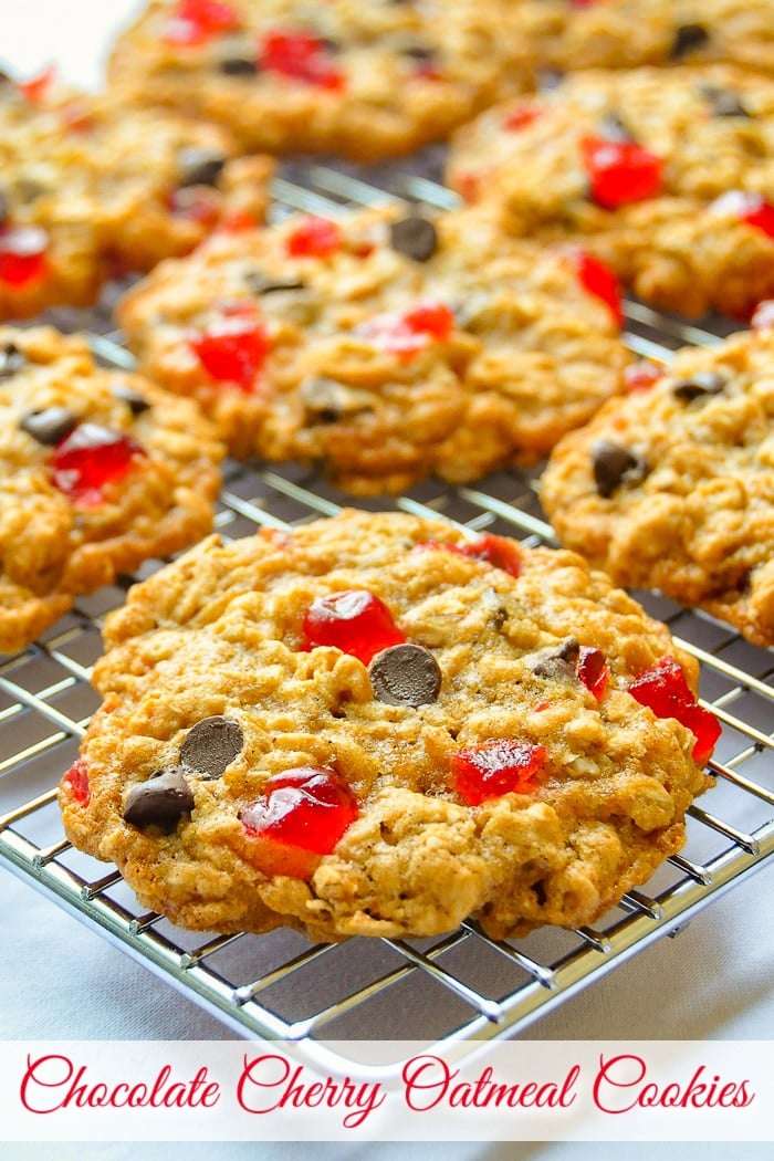 Chocolate Cherry Oatmeal Cookies cooling on a wire rack with title text added for Pinterest