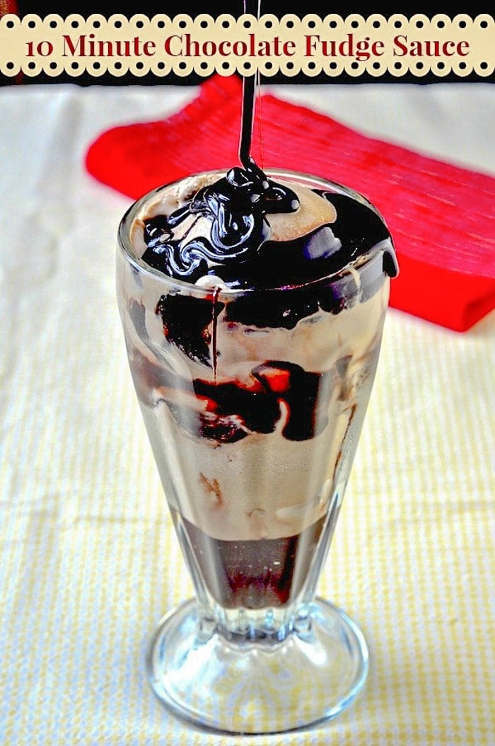 Chocolate Fudge Sauce being poured on an ice cream sundae in tall glass with title text added