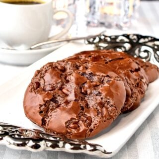 Chocolate Pavlova Cookies close up photo of cookies on a white & silver plate