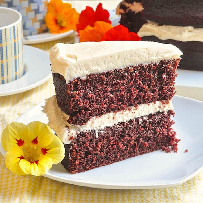 Chocolate Velvet Cake, this cake is soft, moist and with a very pleasing light crumb structure.