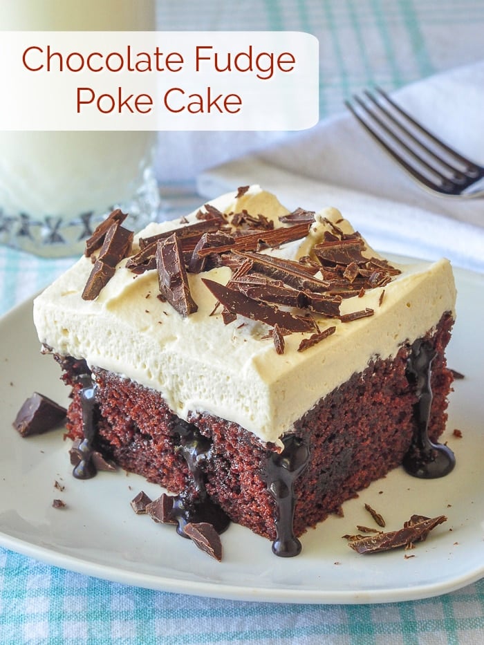 Chocolate Poke Cake image with title text for Pinterest