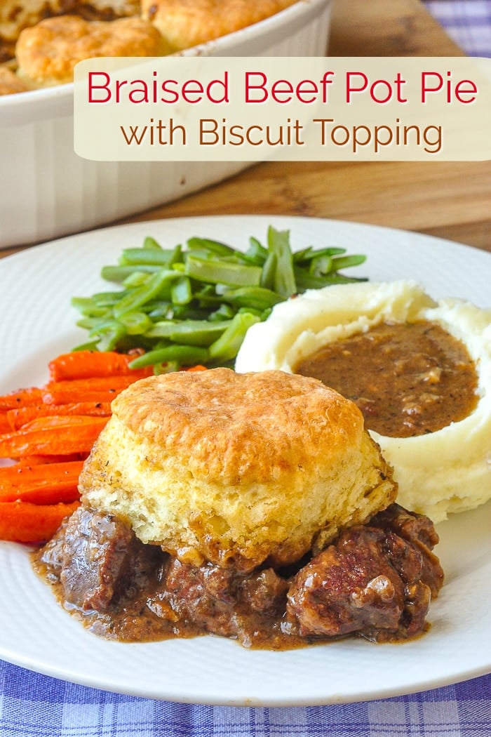 Braised Beef Pot Pie with Biscuit Topping single serving photo for Pinterest