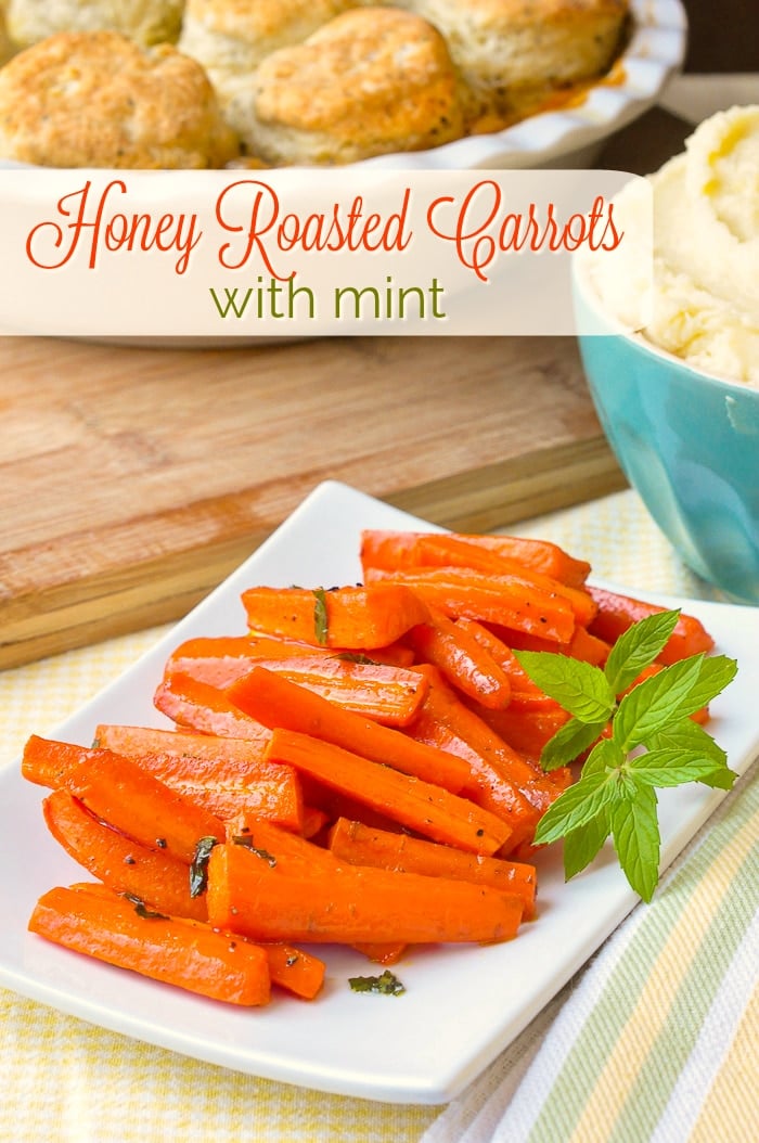 Honey Roasted Carrots with mint photo with title text for Pinterest