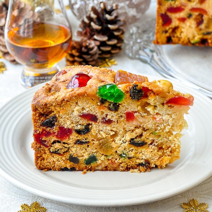 Hazelnut Coconut Fruitcake close up photo of a single slice