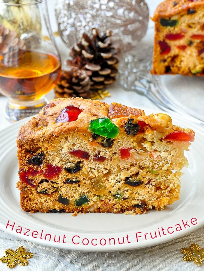 Hazelnut Coconut Fruitcake photo with title text for Pinterest