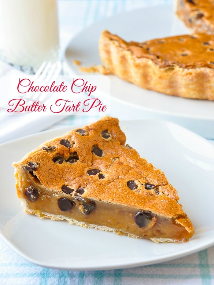 Chocolate Chip Butter Tart Pie photo of single slice with title text added for Pinterest