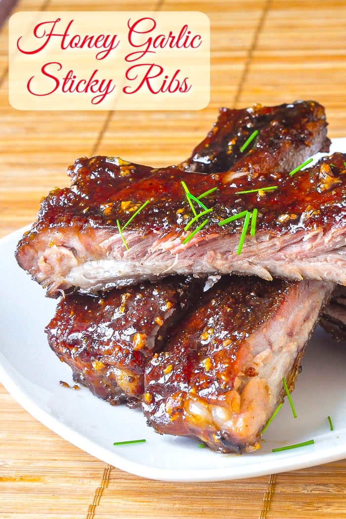 Honey Garlic Sticky Ribs photo with title text added for Pinterest