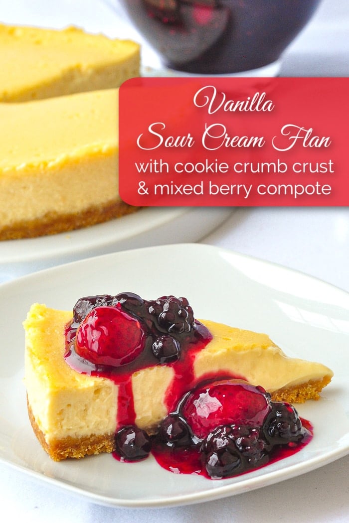 Photo of one slice of Bumbleberry Vanilla Flan with title text added for Pinterest