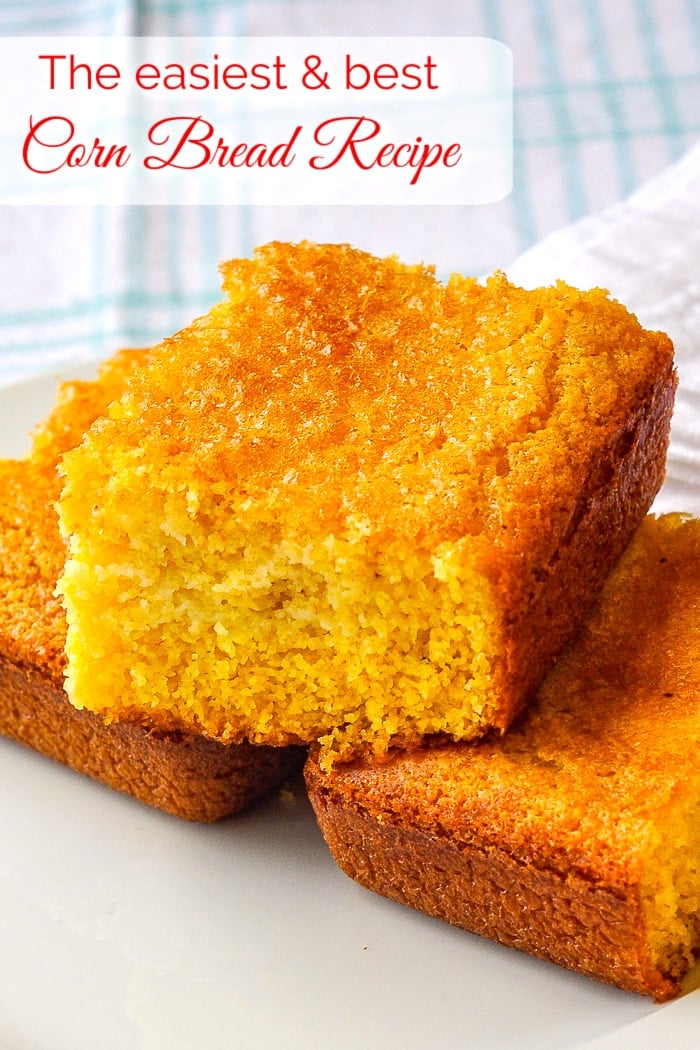 The best easy cornbread recipe photo of stacked cornbread with title text added for Pinterest