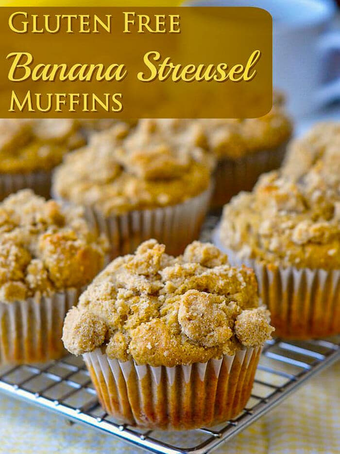 Gluten Free Banana Muffins with Brown Sugar Shortbread Streusel image with title text