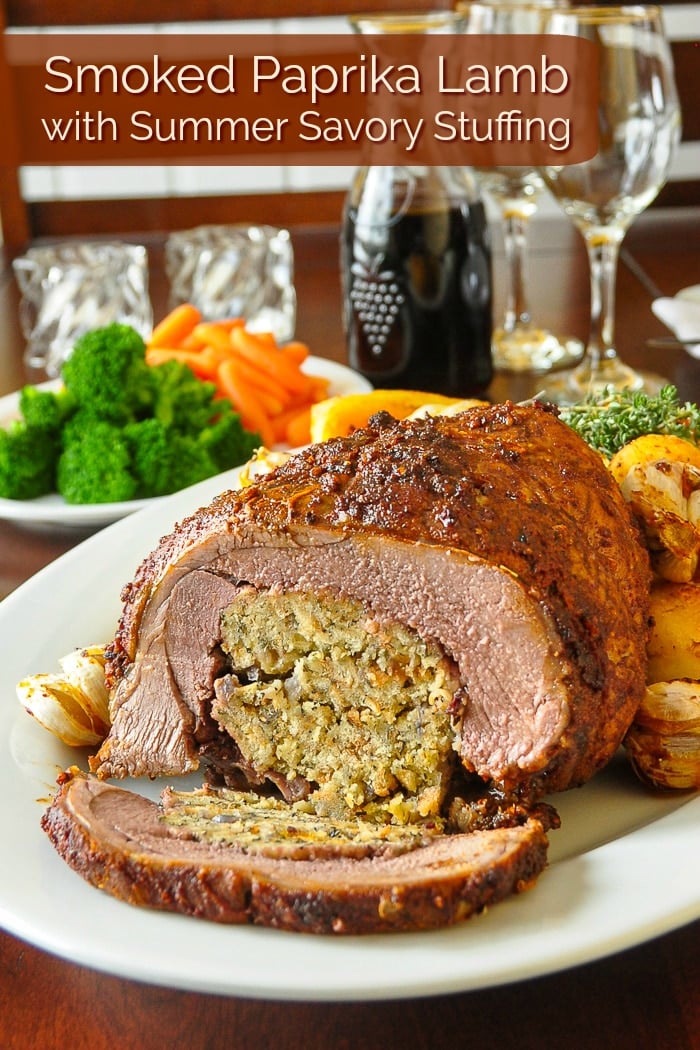 Smoked Paprika Lamb with Summer Savory Stuffing photo with title text for Pinterest