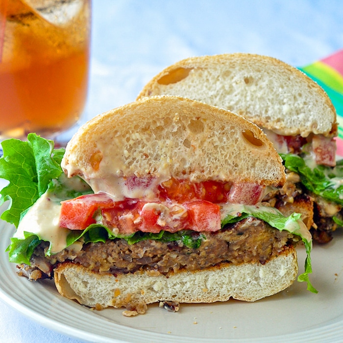 Vegetarian Mushroom Burger vertical cut photo to show inside of burger pattie.