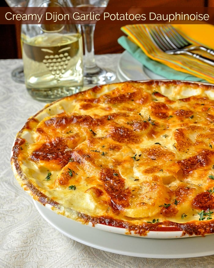 Creamy Dijon Garlic Potatoes Dauphinoise photo with title text for Pinterest