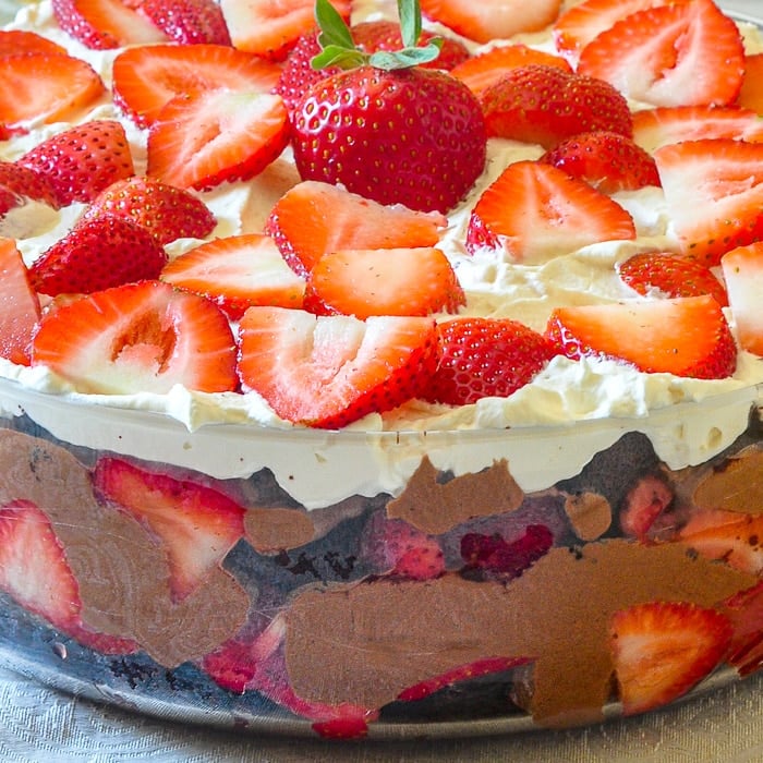 Chocolate Mousse Strawberry Trifle close up photo of top and side of trifle dish