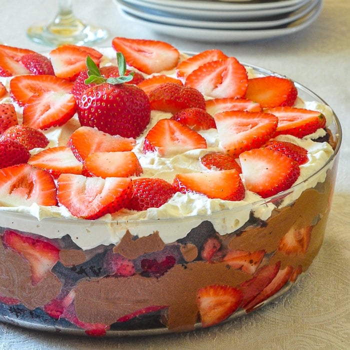 Chocolate Mousse Strawberry Trifle close up square cropped featured image