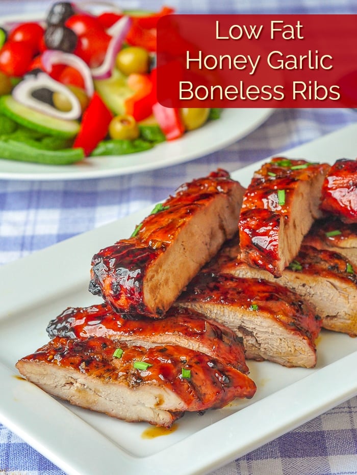 Low Fat Honey Garlic Boneless Ribs image with title text for Pinterest