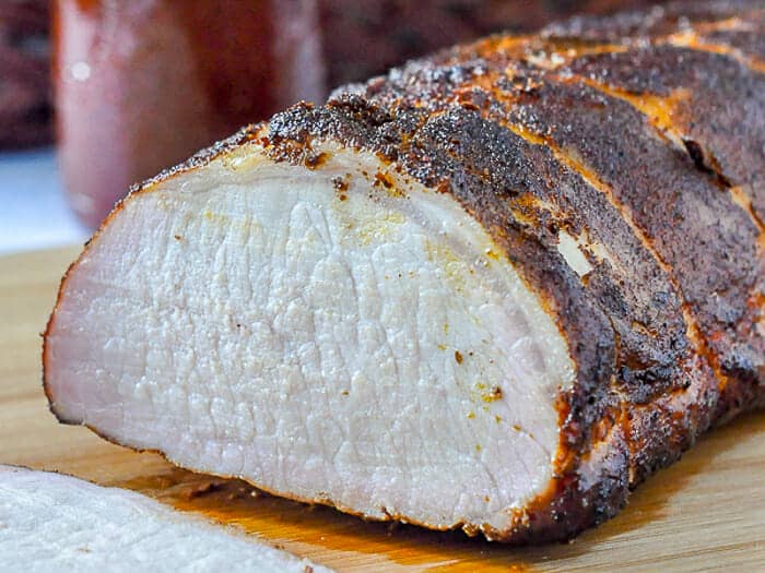 Smoked Pork Loin close up photo of sliced roast