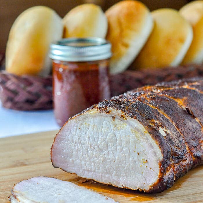 Smoked Pork Loin. shown with fresh rolls for sandwiches.