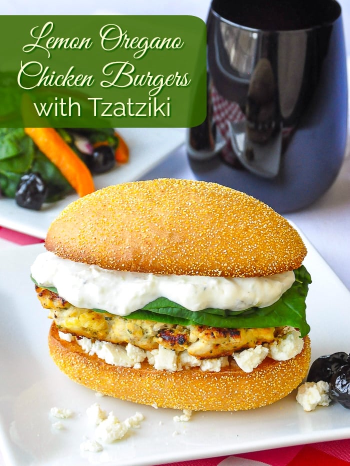 Lemon Oregano Chicken Burgers with Tzatziki photo with title text for Pinterest