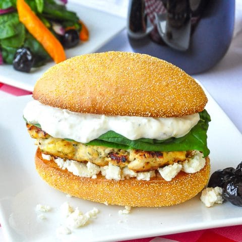 Lemon Oregano Chicken Burger on a white plate