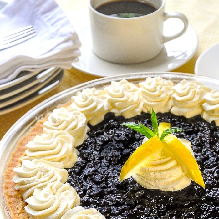 Close up photo of the finished Lemon Blueberry Cheesecake Pie