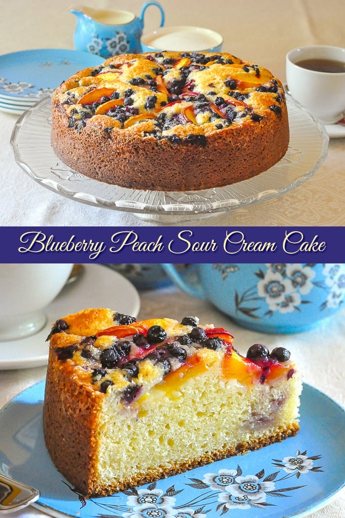 Blueberry Peach Sour Cream Cake 2 photo collage with title text added for Pinterest