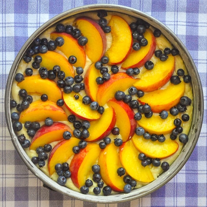 Blueberry Peach Sour Cream Cake ready for the oven