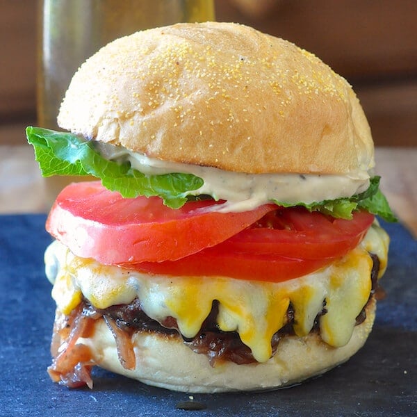 Cheeseburger with Red Onion Jam and Roasted Garlic Herb Mayo