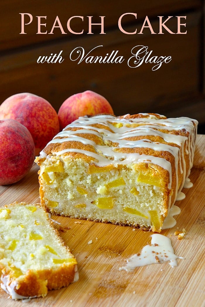 Peach cake with vanilla glaze photo with title text added for Pinterest