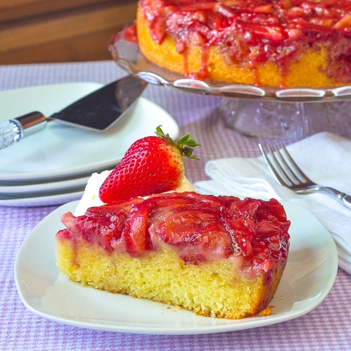 Strawberry Upside Down Cake photo of a single slice on a white plate