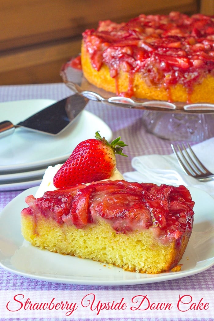 Strawberry Upside Down Cake photo of a slice of cake with title text added for Pinterest