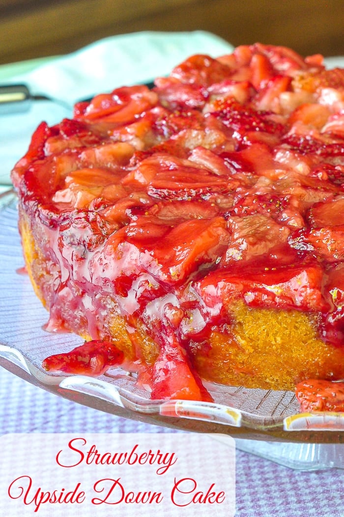 Strawberry Upside Down Cake photo of uncut cake with title text added for Pinterest