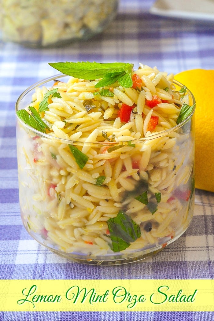 Lemon Mint Orzo Salad photo with title text added for Pinterest