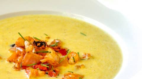 Summer Corn Soup with Grilled Shrimp Sriracha Salsa close up featured image