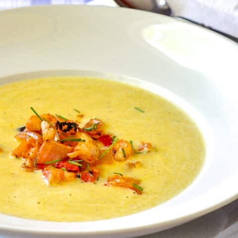Summer Corn Soup with Grilled Shrimp Sriracha Salsa close up featured image