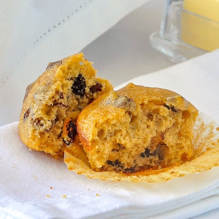 Butter Tart Muffins photo of singe muffin broken open to view the inside crumb