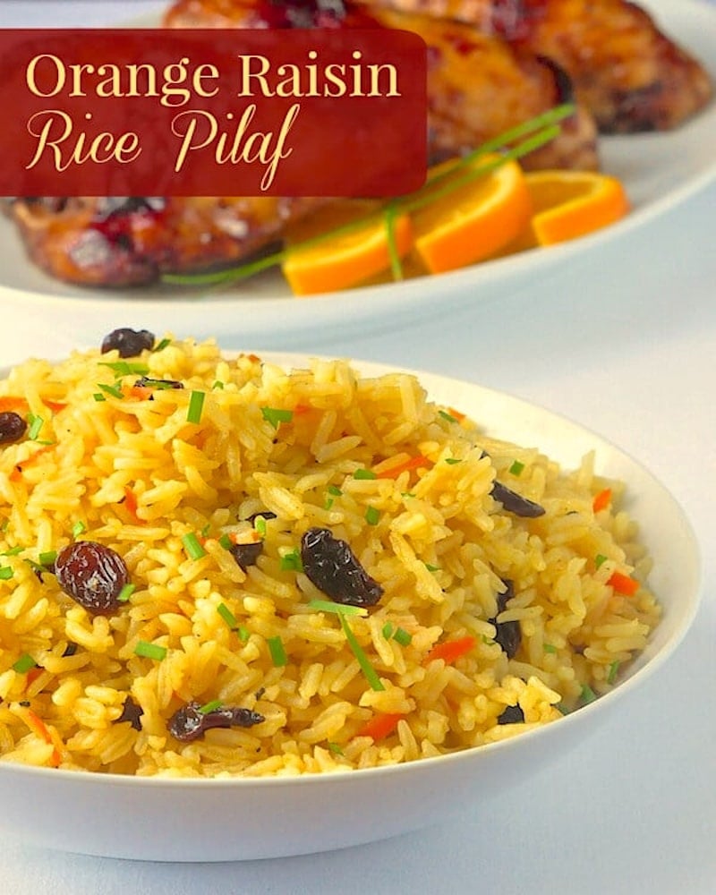 Carrot Raisin Rice Pilaf photo with title text added for Pinterest