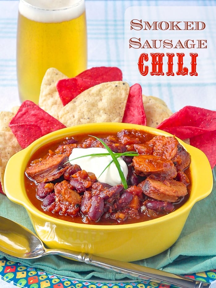 Smoked Sausage Chili photo with title text for Pinterest