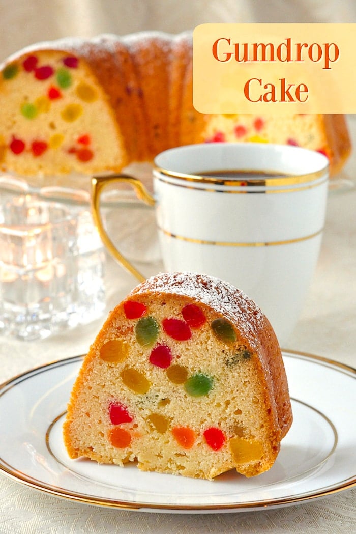 Gumdrop Cake photo of a single slice with title text added for Pinterest