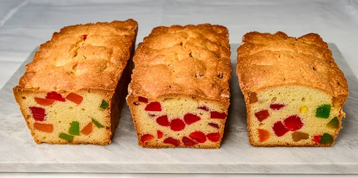 Old fashioned gumdrop cake loaves on a marble board